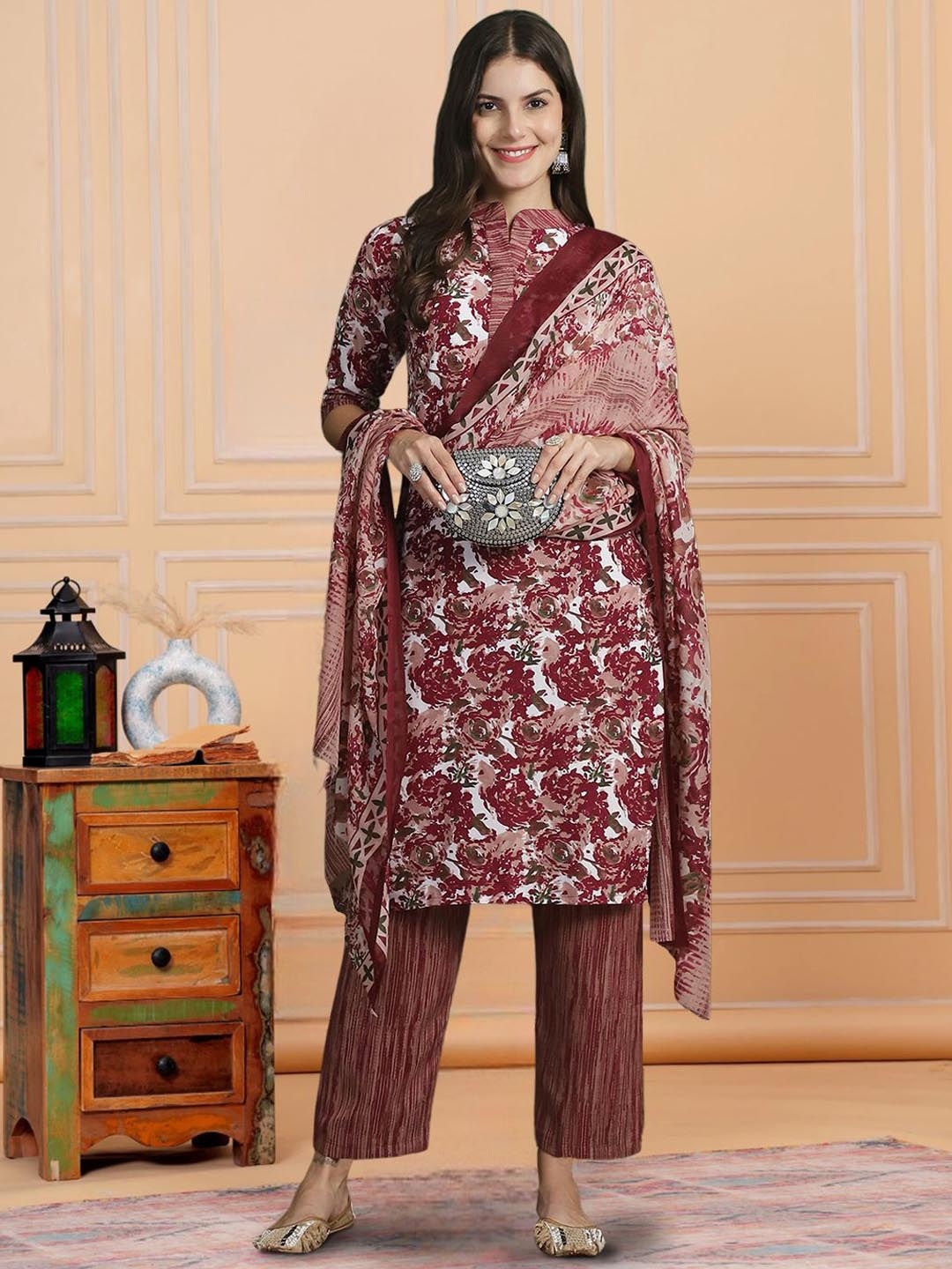 

7Threads Floral Printed Band Collar Pure Cotton Kurta with Trousers & Dupatta, Maroon