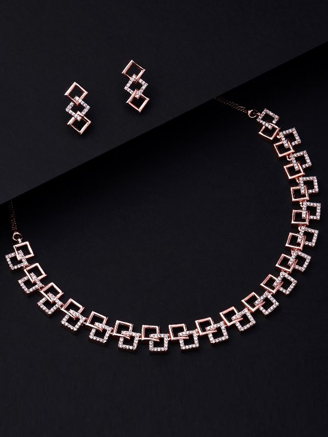 

Cierra Rose Gold Plated AD Stone Studded Trendy Squire Shape Necklace and Earrings