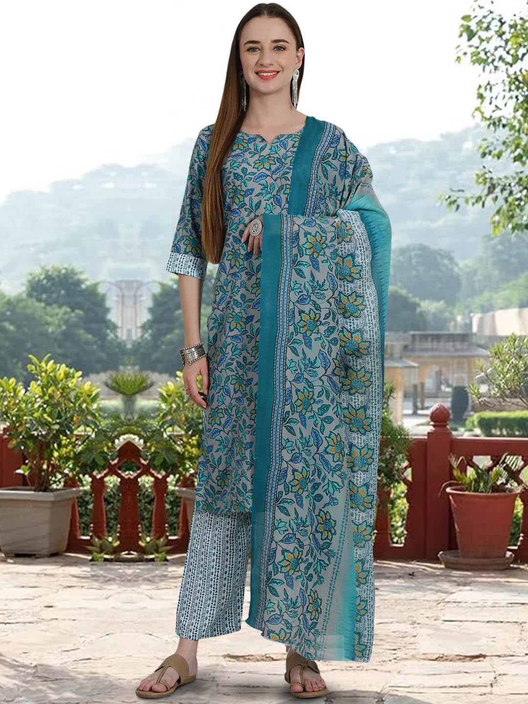 

7Threads Floral Printed Straight Pure Cotton Kurta with Trousers & Dupatta, Grey melange