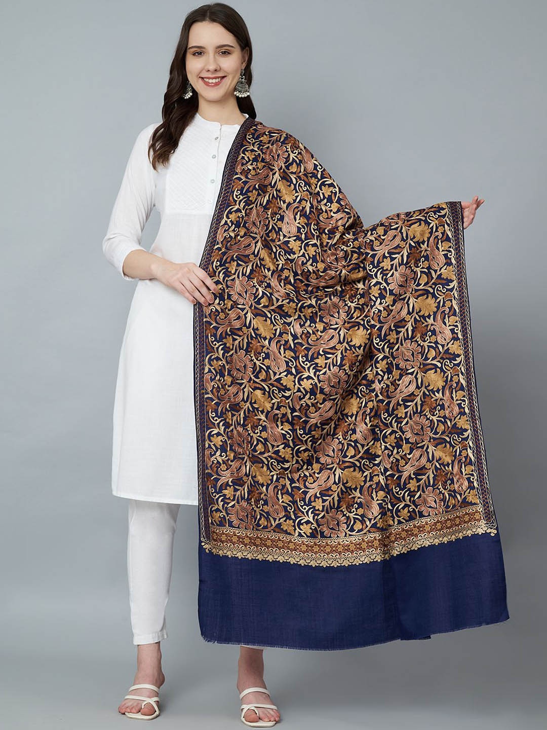 

MUFFLY Women Floral Embroidered Pure Woollen Shawl, Blue