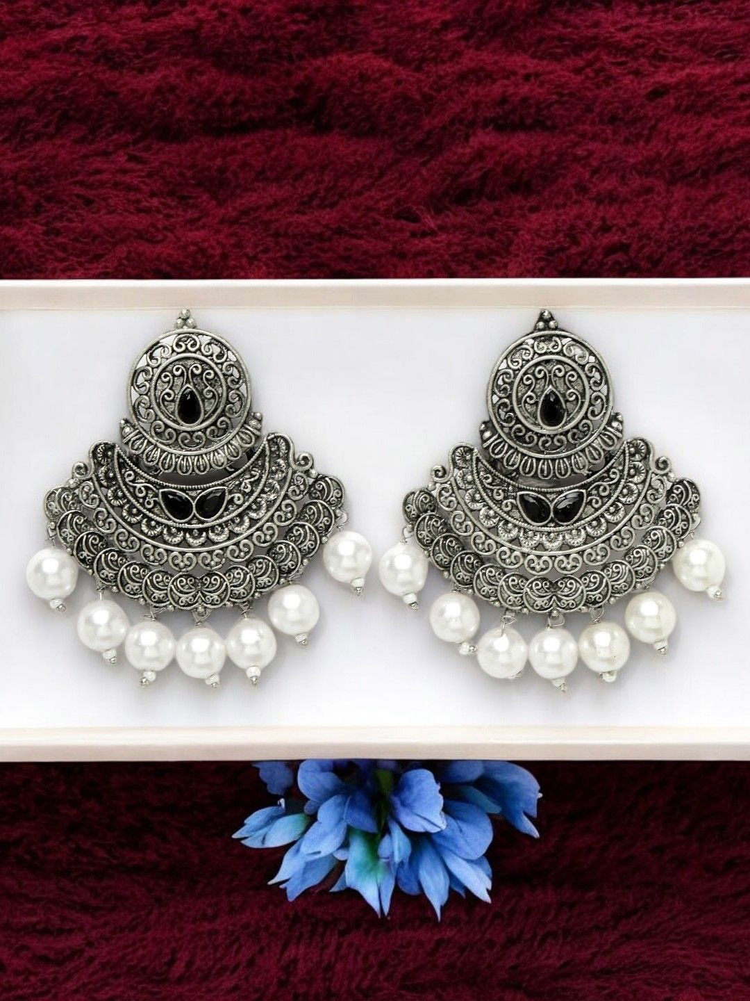 

ADIVA Silver-Plated Stones Studded & Beaded Oxidised Crescent Shaped Drop Earrings