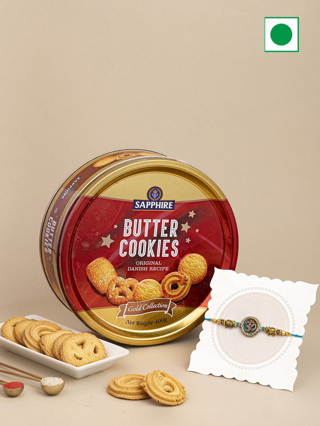 

Hyperfoods 2 Pieces Rakhi With Sapphire Butter Cookies 400gm, Red