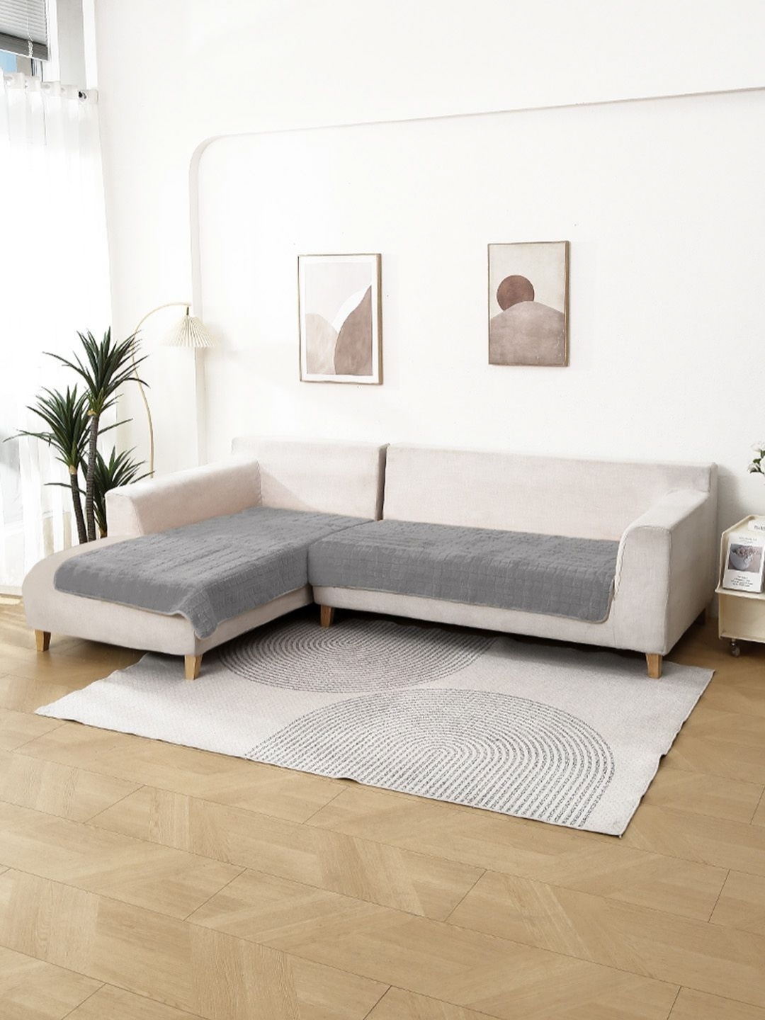 

HOKIPO Grey 2 Pieces Self Design 5 Seater L Shape Sofa Cover