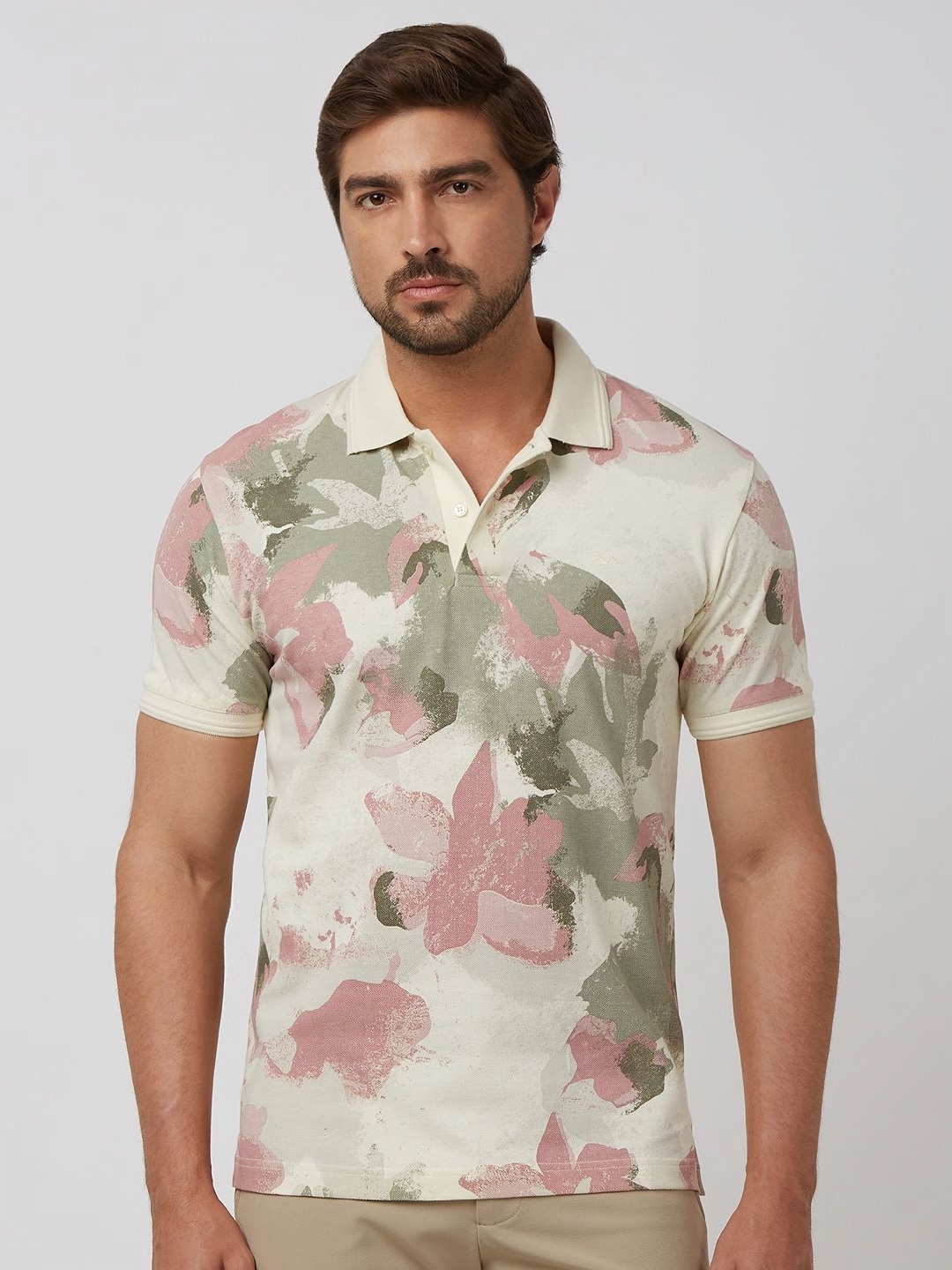 

Mufti Men Floral Printed Polo Collar Cotton Slim Fit T-shirt, Off white