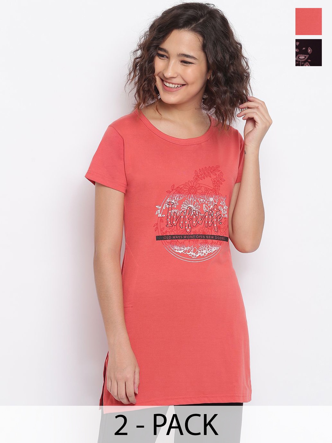 

Duchess Women Pack Of 2 Cotton Printed Long T-shirt With Pocket, Red