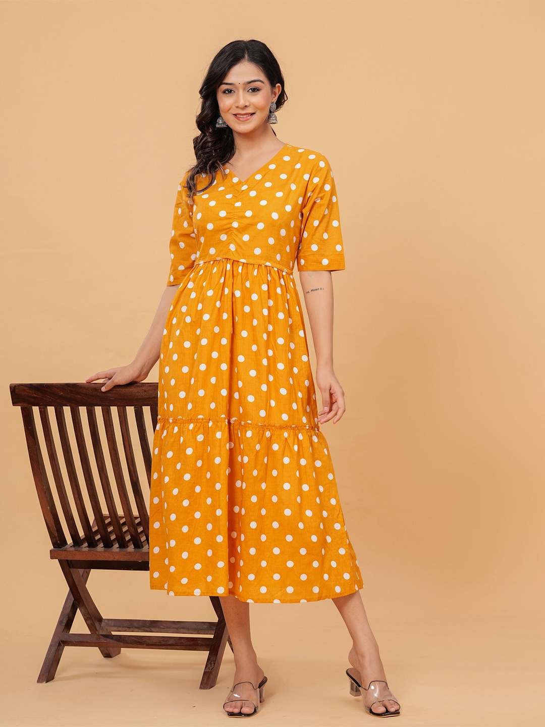 

KALINI Polka Dot Fit & Flare Tiered Midi Dress, Mustard