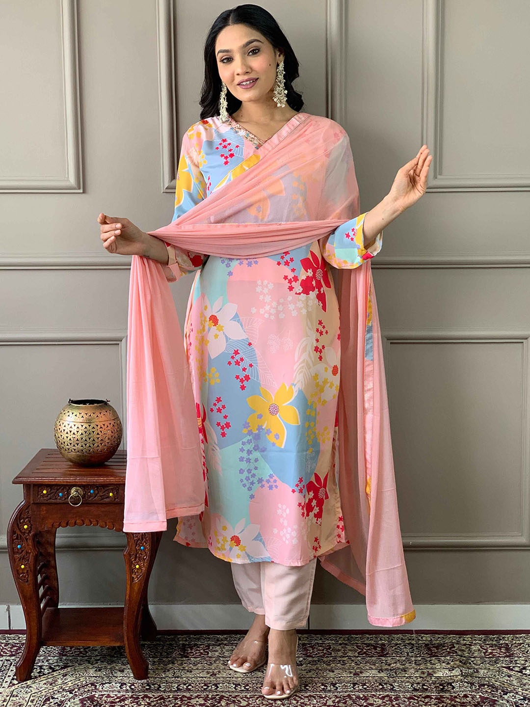 

KALINI Floral Printed Regular Straight Kurta with Trousers & With Dupatta, Peach