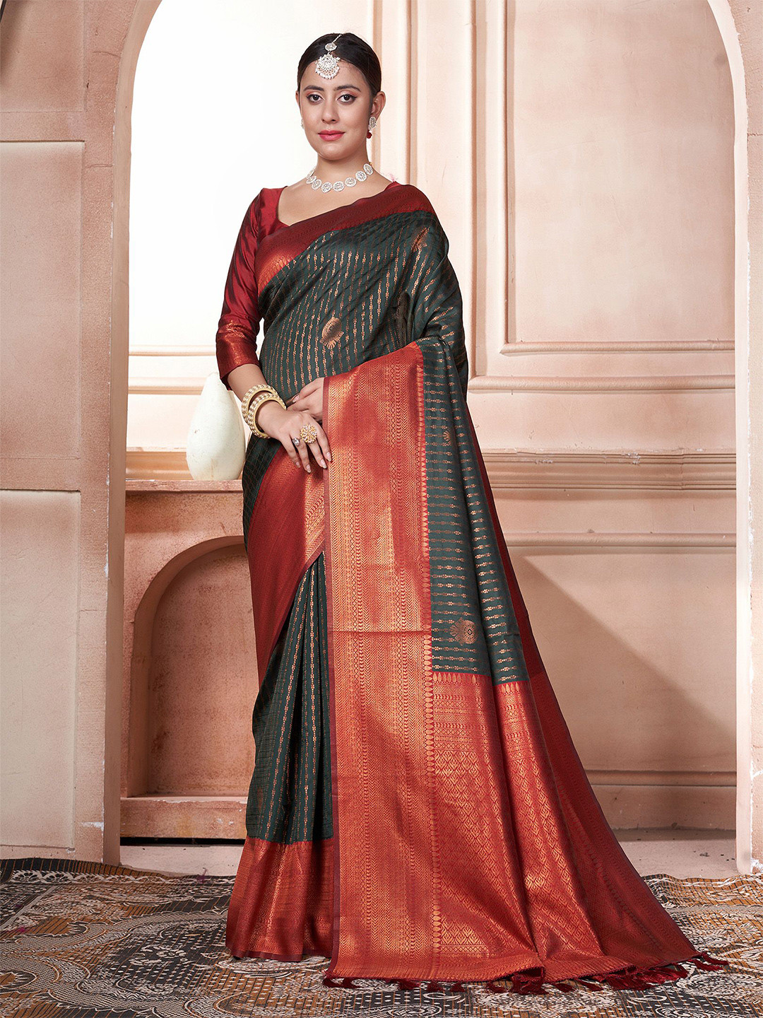 

Anouk Striped Zari Kanjeevaram Saree, Green