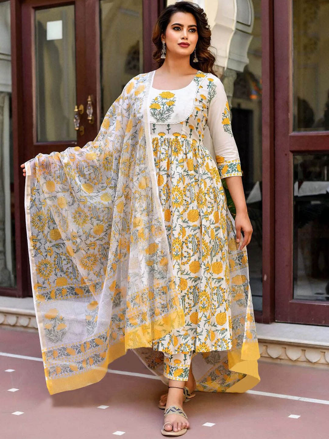 

7Threads Ethnic Motifs Printed Empire Anarkali Kurta With Trousers & Dupatta, Yellow