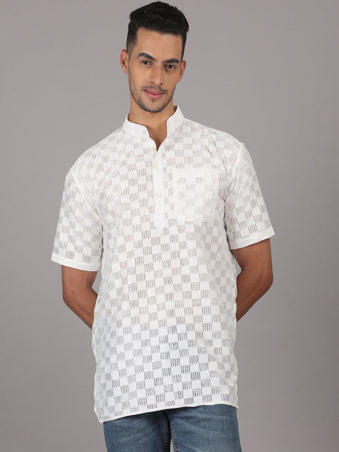 

RIAG Geometric Woven Design Mandarin Collar Net Crochet Straight Short Kurta, White