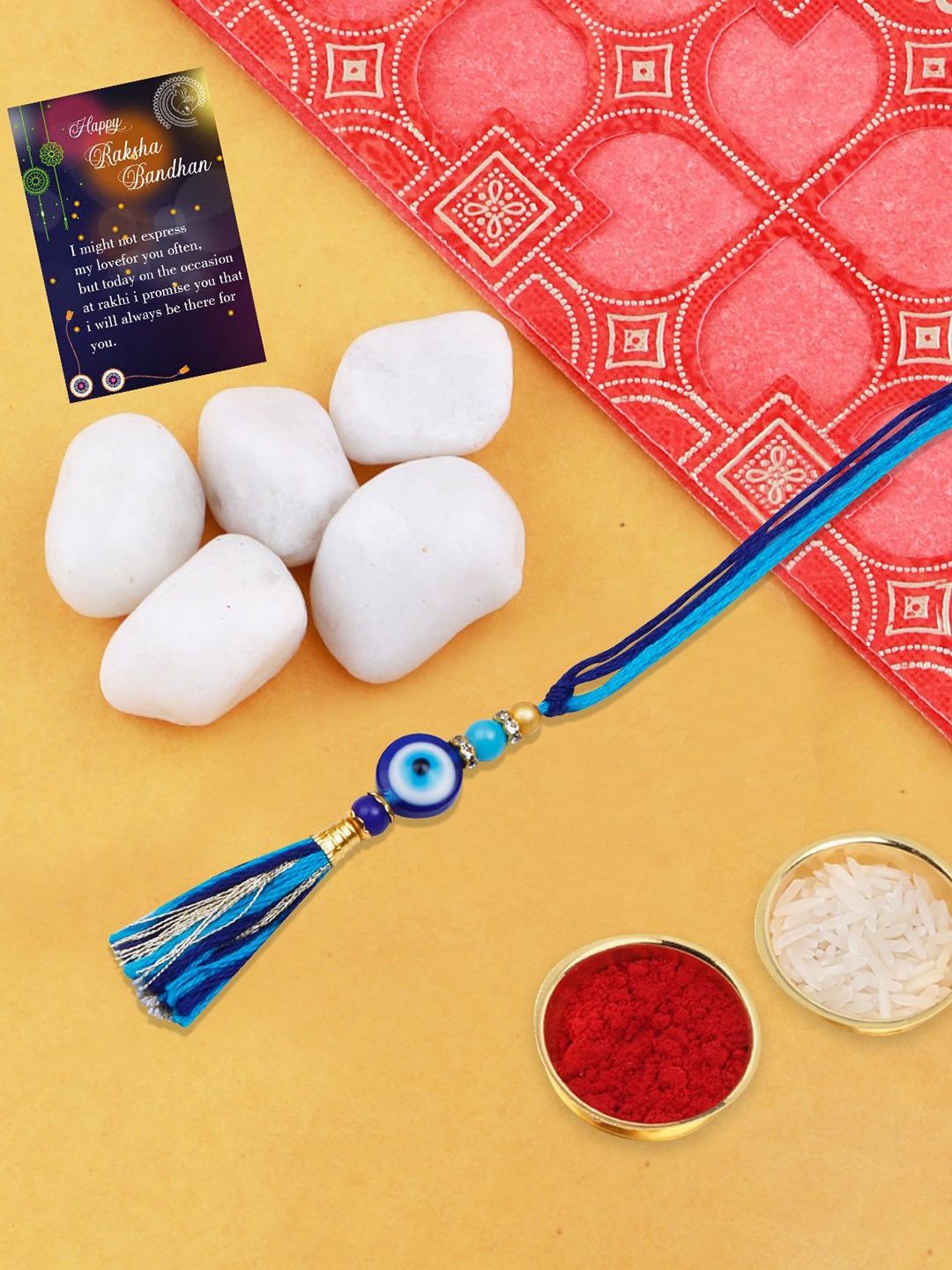 

Silver Shine Evil Eye Beaded Lumba Rakhi With Roli Chawal & Greeting Card, Blue