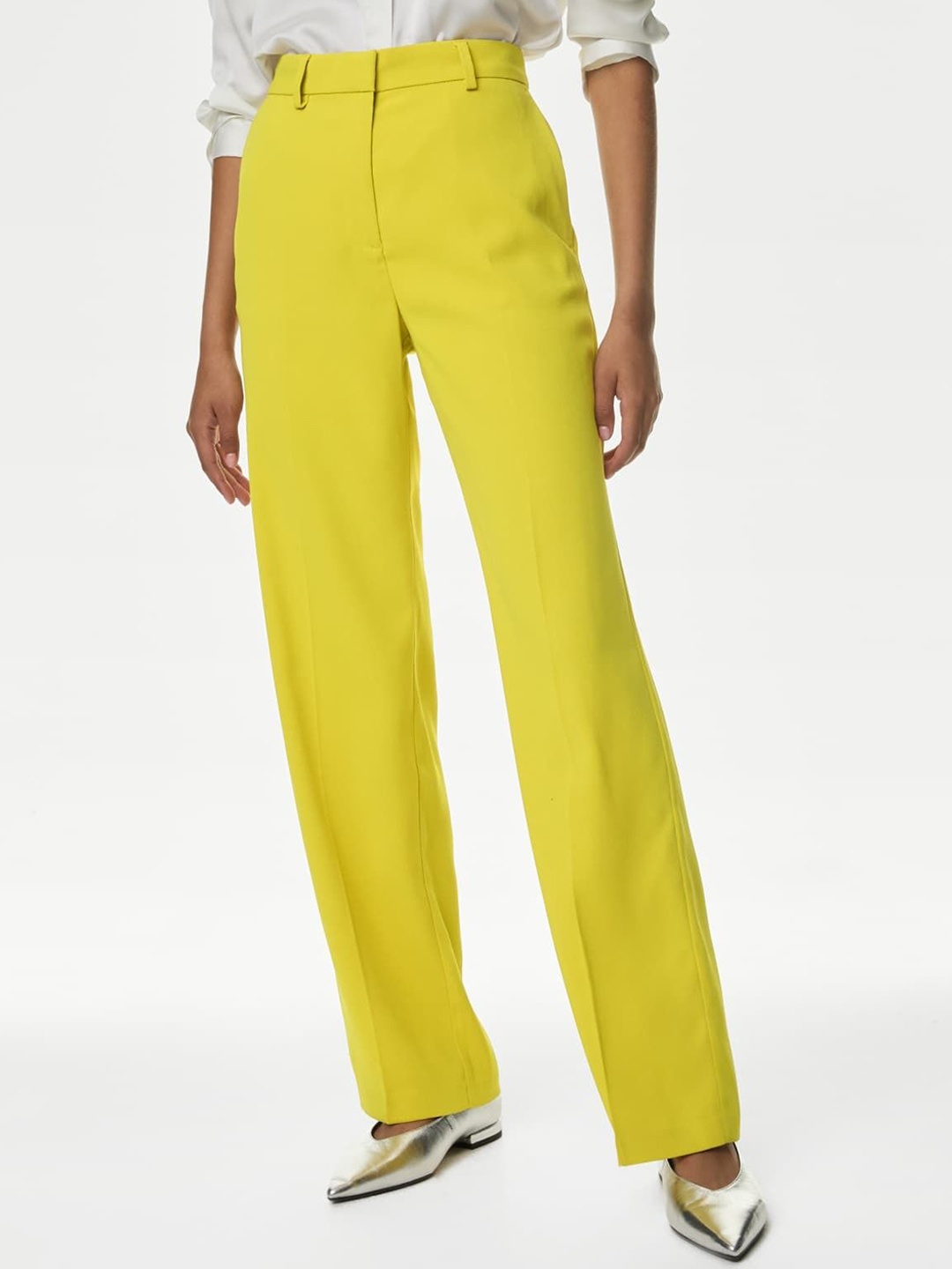 

Marks & Spencer Women Straight Fit High-Rise Trousers, Yellow