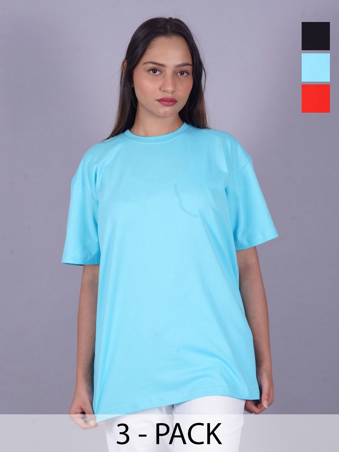 

VYVE Women Pack Of 3 Round Neck Solid T-shirts, Blue
