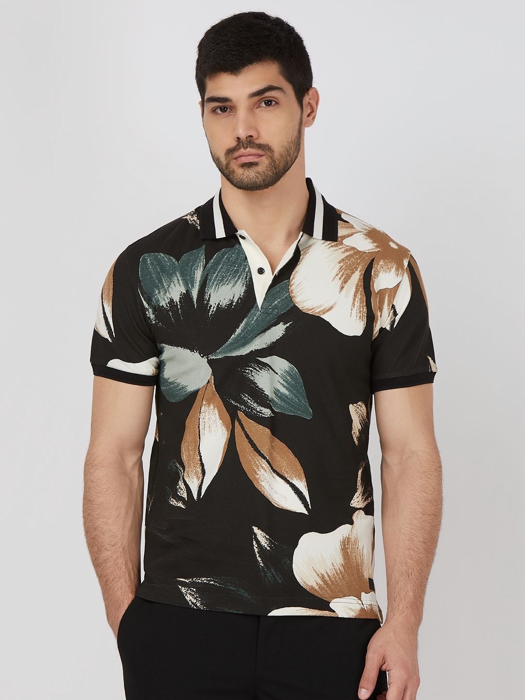 

Mufti Men Floral Printed Polo Collar Cotton Slim Fit T-shirt, Black