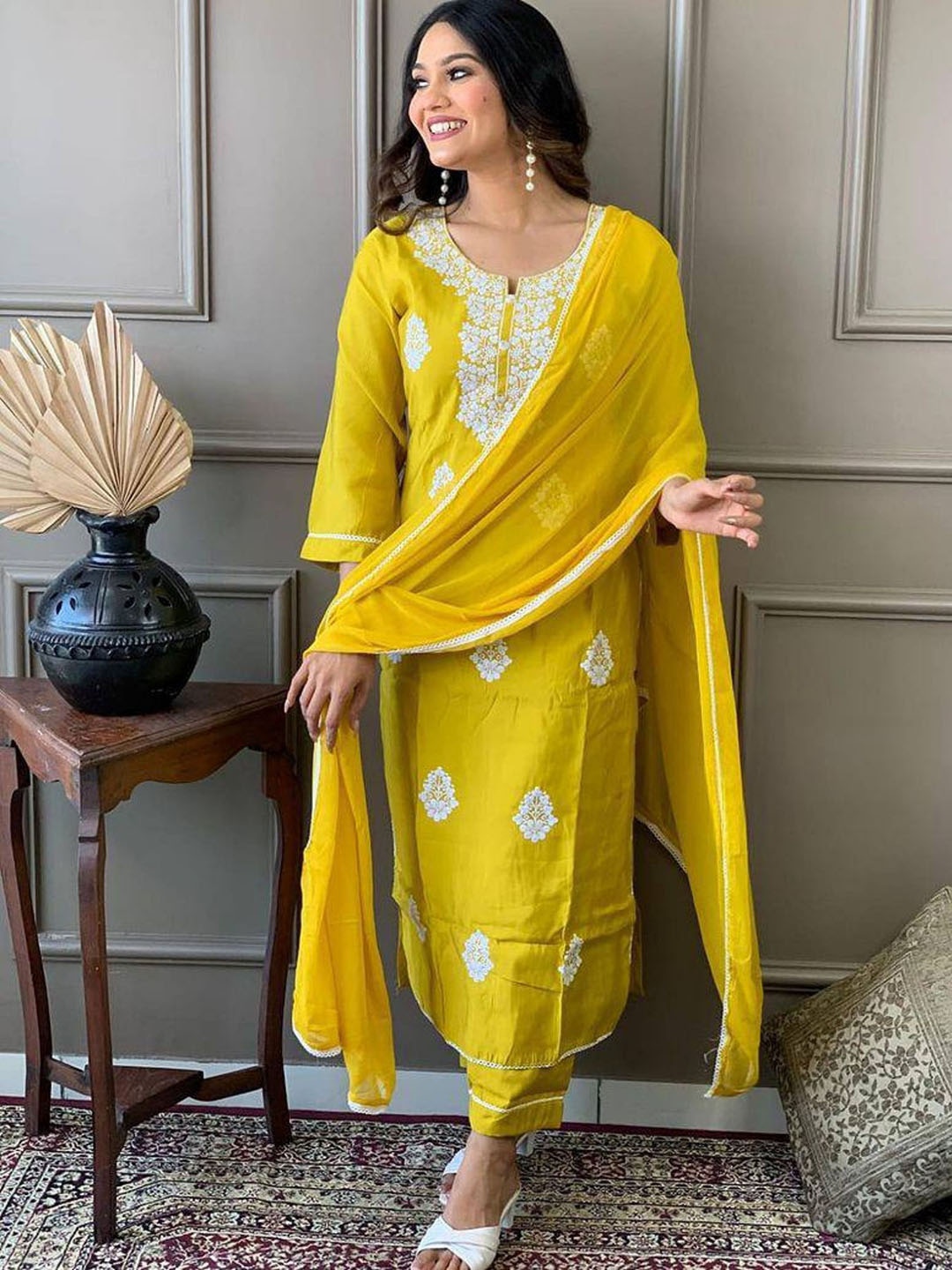 

NIZA FASHION Ethnic Motifs Embroidered Straight Kurta with Trousers & Dupatta, Yellow