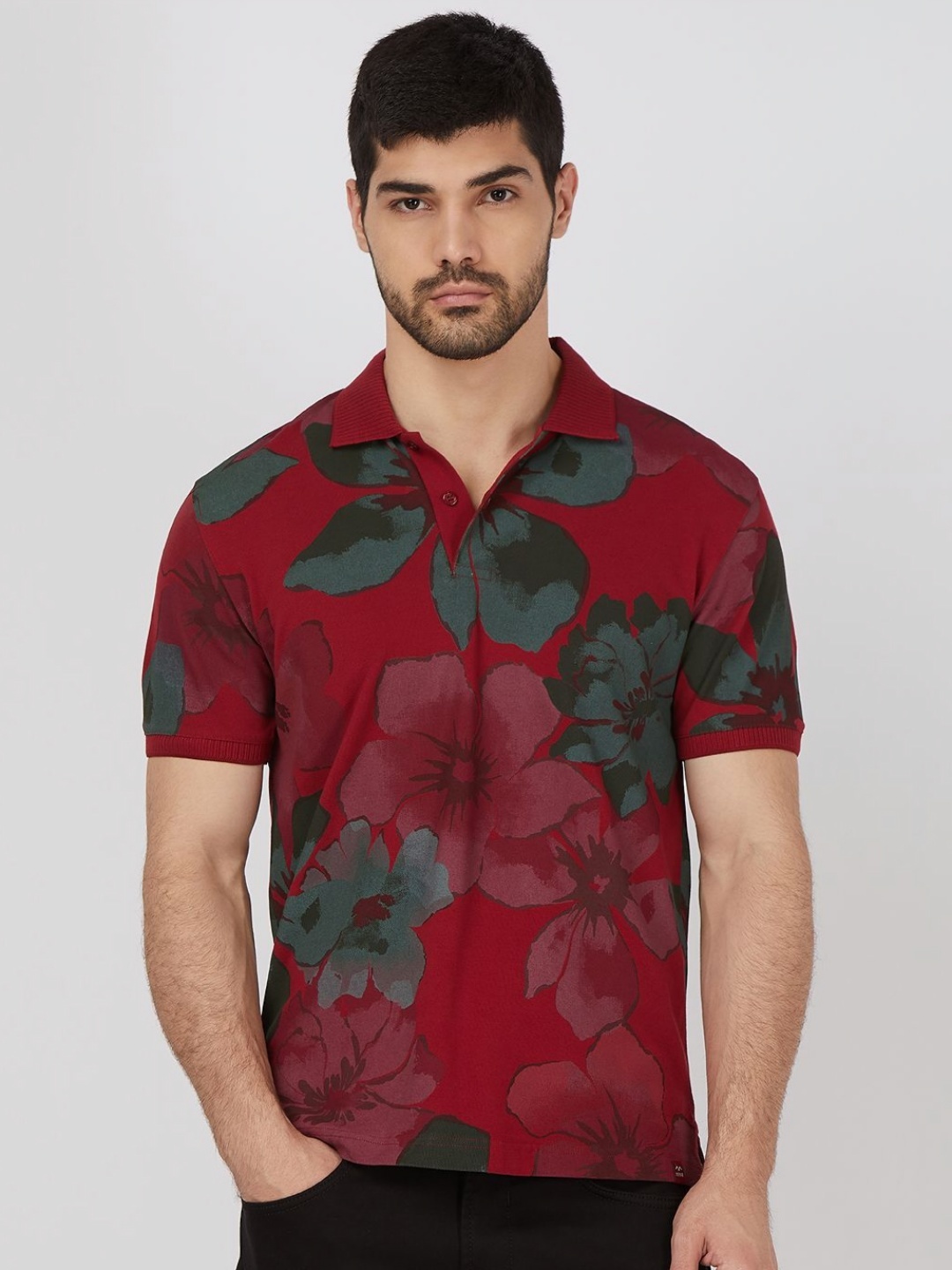 

Mufti Men Floral Printed Polo Collar Extended Sleeves Pockets Slim Fit T-shirt, Maroon
