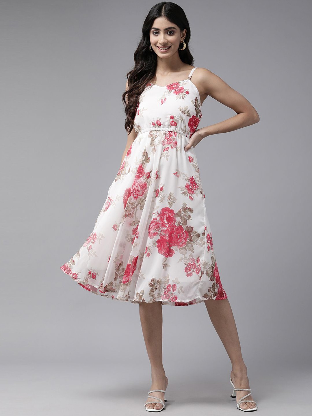 

BAESD Floral Print Georgette Empire Midi Dress, White