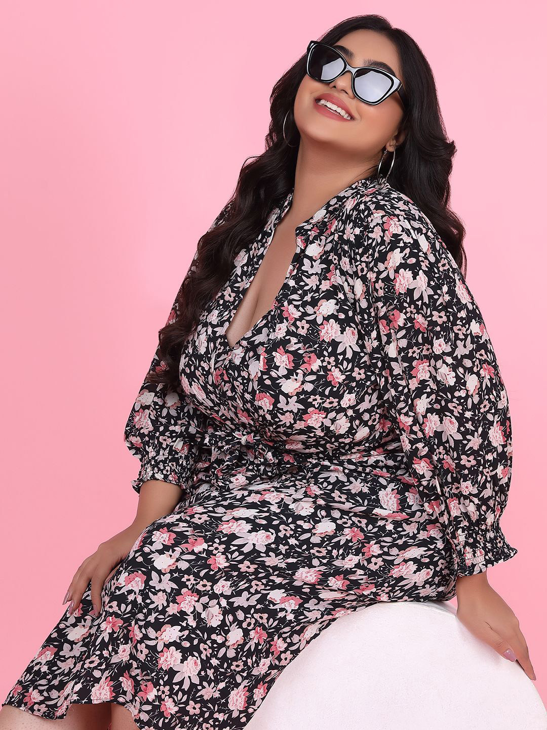 

SHOWOFF Floral Print Georgette Fit & Flare Dress with Shrug, Black