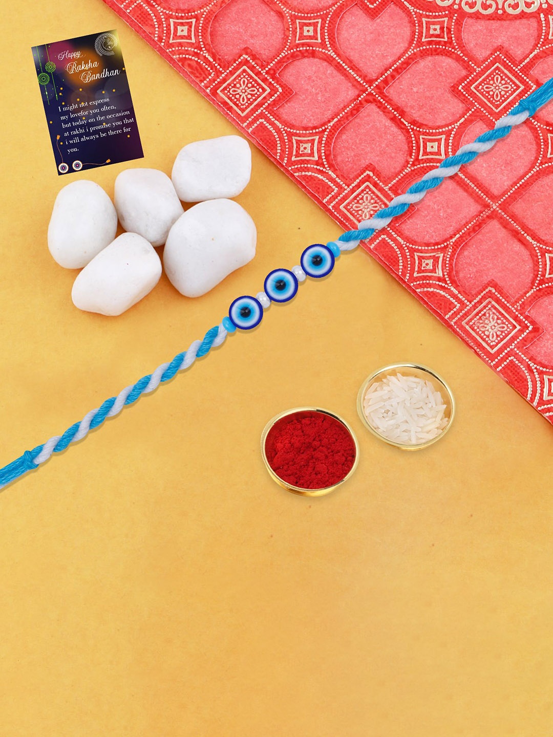 

Silver Shine Evil Eye Beaded Thread Rakhi With Roli Chawal & Greeting Card, Blue