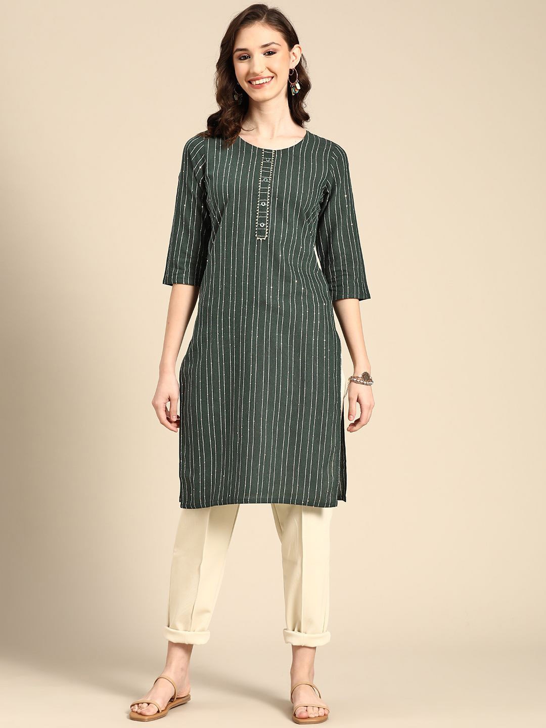 

Sangria Green Striped Sequinned Straight Kurta