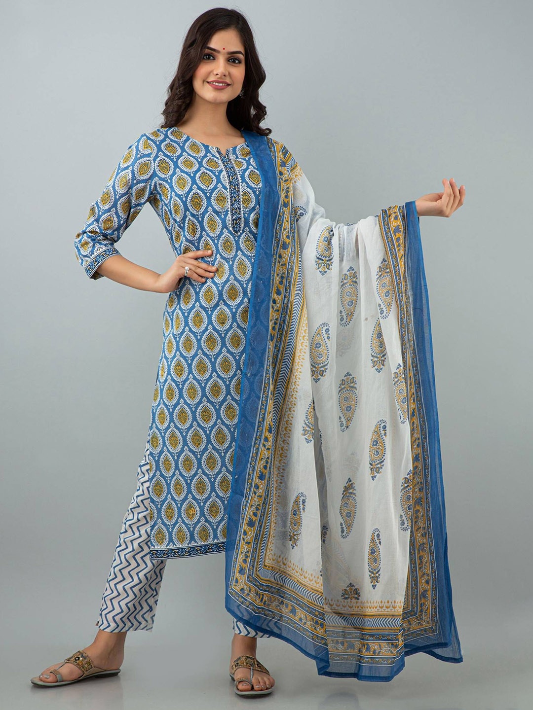 

P3D CREATION Ethnic Motifs Printed Organic Cotton Straight Kurta with Trousers & Dupatta, Blue