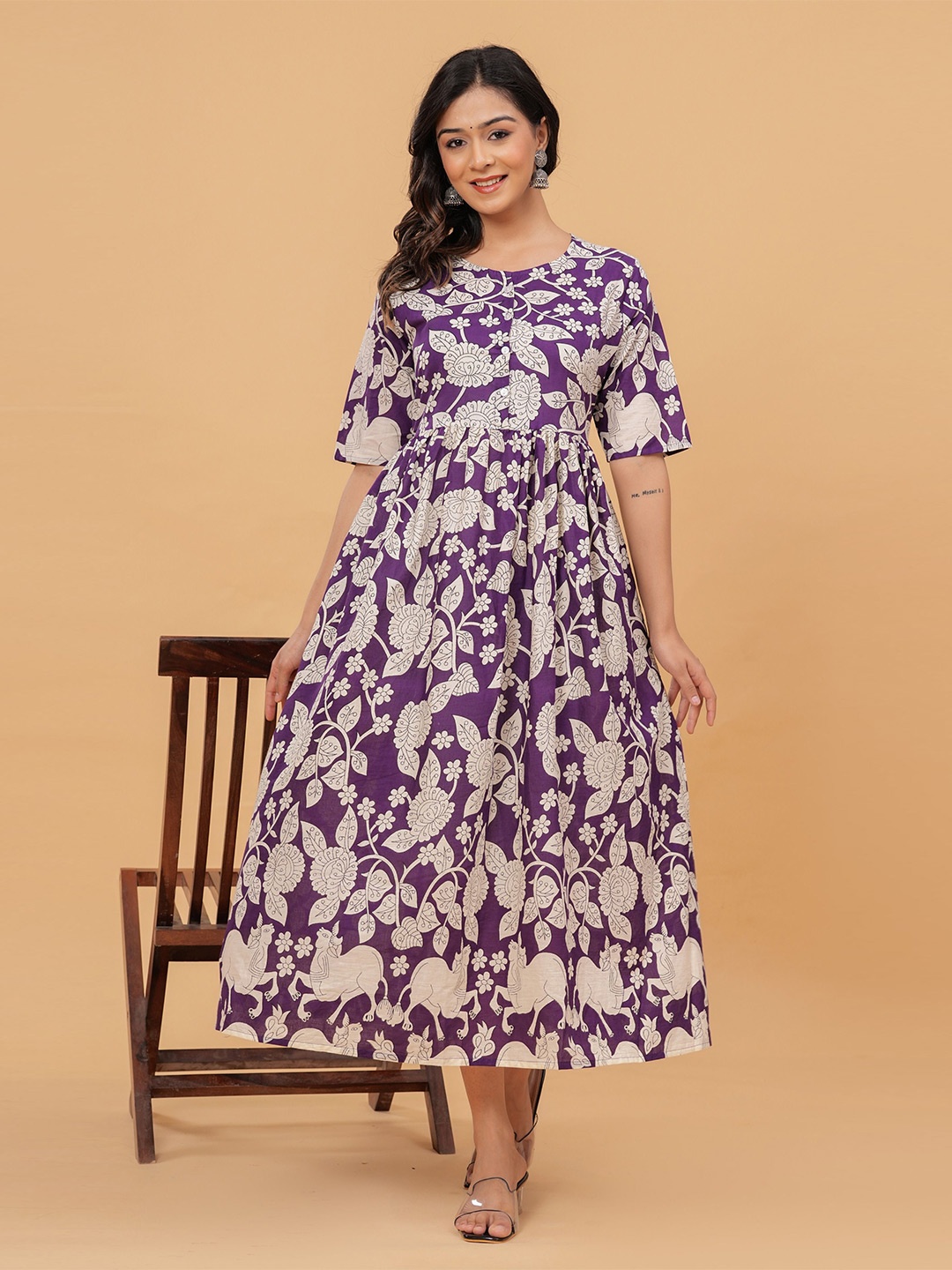 

KALINI Ethnic Motifs Printed Cotton Fit and Flare Ethnic Dress, Purple