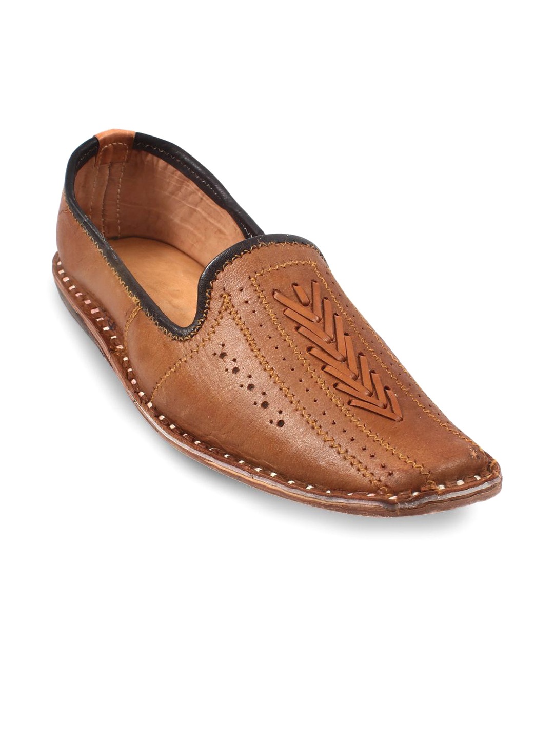 

Apratim Men Textured Ethnic Mojaris with Laser Cuts Flats, Brown