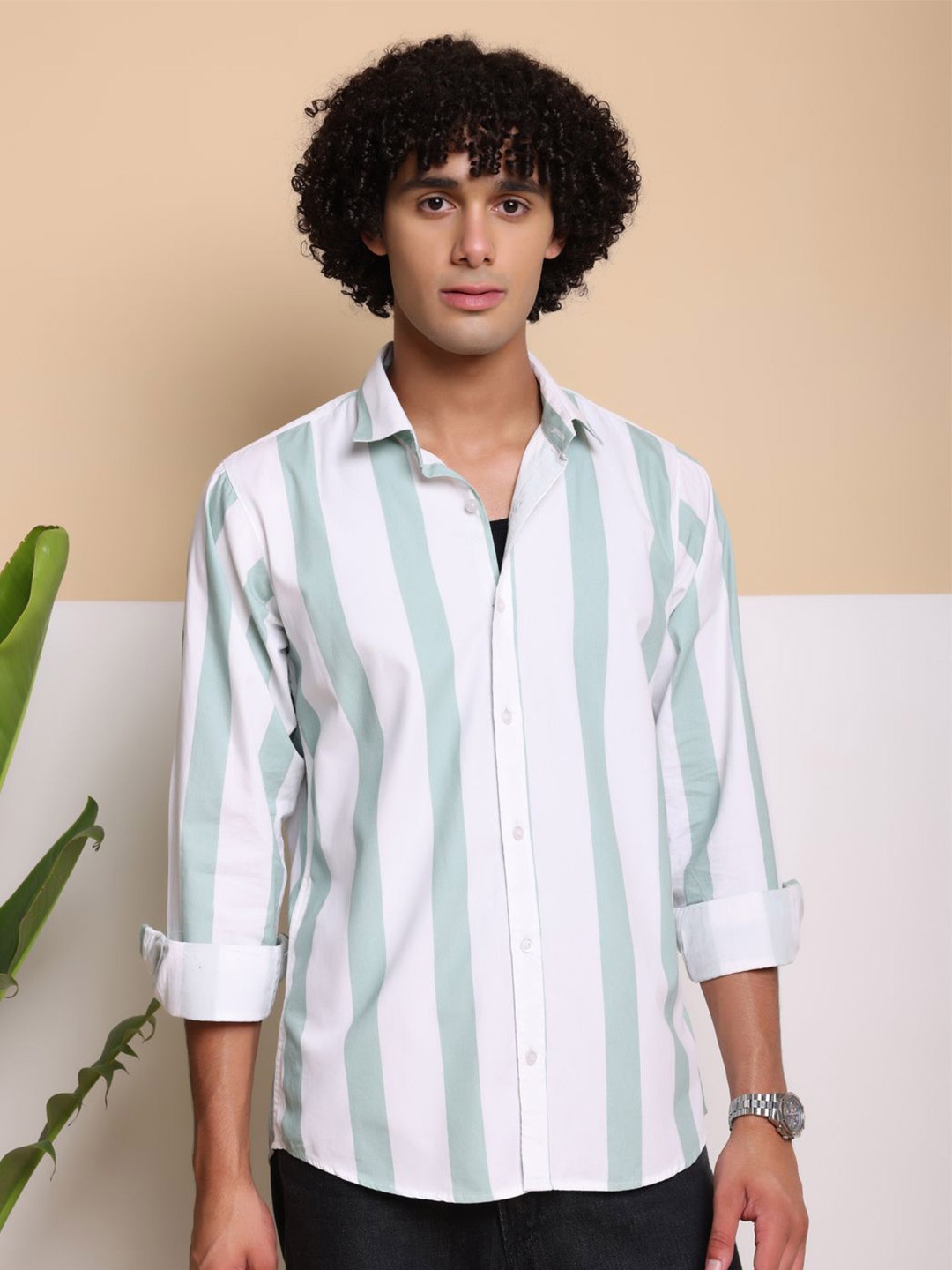 

FILO HEVIS Men Classic Opaque Striped Casual Shirt, Green