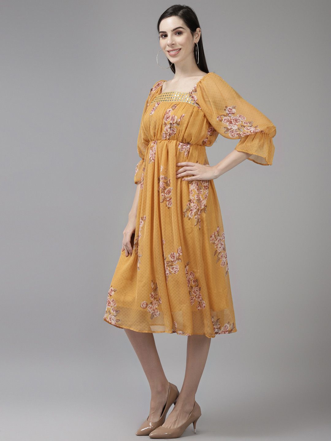 

BAESD Floral Printed Bell Sleeve Georgette A-Line Midi Dress, Yellow
