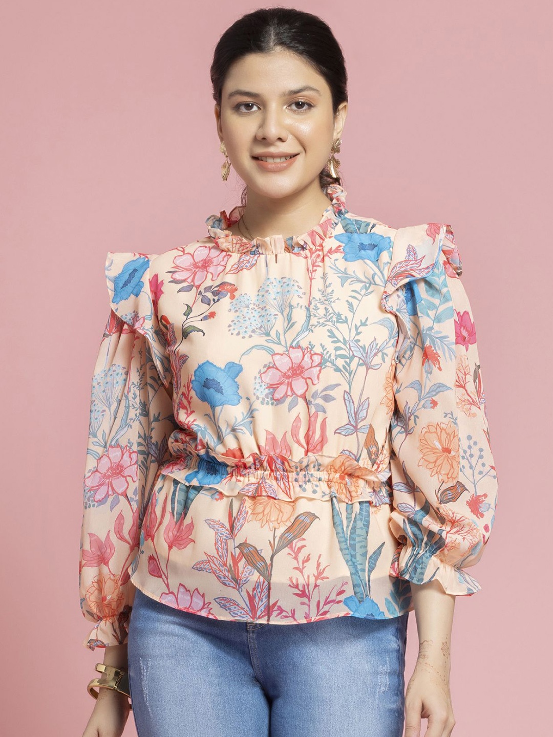 

SEW YOU SOON Floral Print Keyhole Neck Georgette Cinched Waist Top, Cream