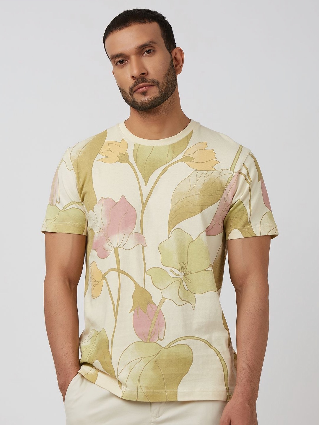 

Mufti Men Floral Printed Round Neck Cotton Slim Fit T-shirt, Beige
