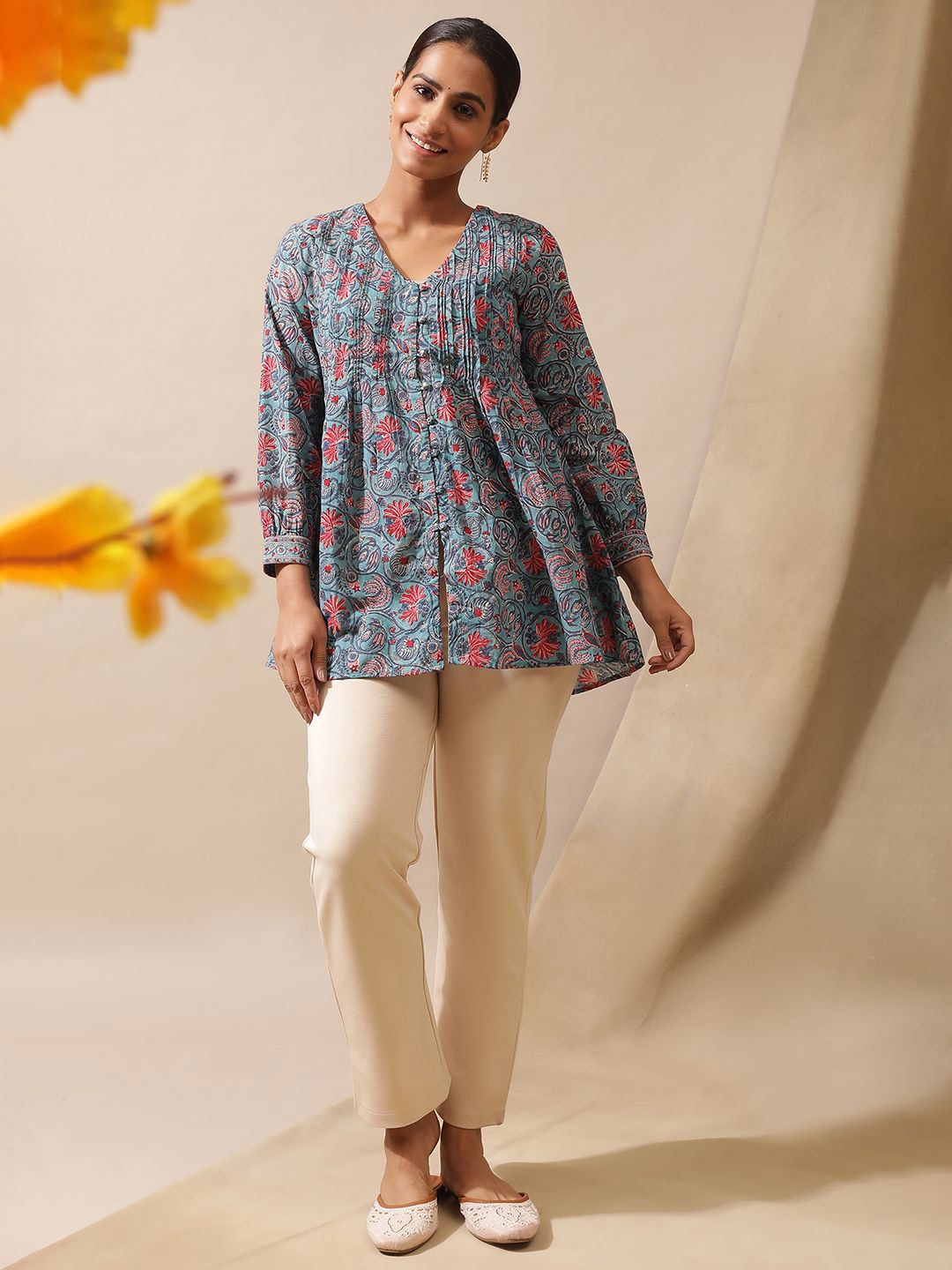 

W Floral Print Cotton Top, Blue