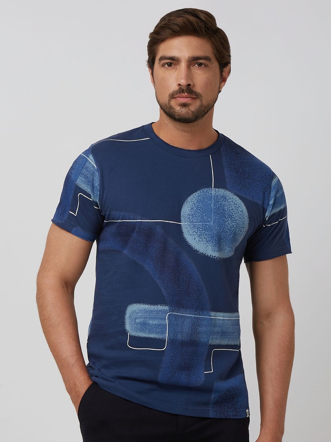 

Mufti Men Abstract Printed Round Neck Cotton Slim Fit T-shirt, Navy blue