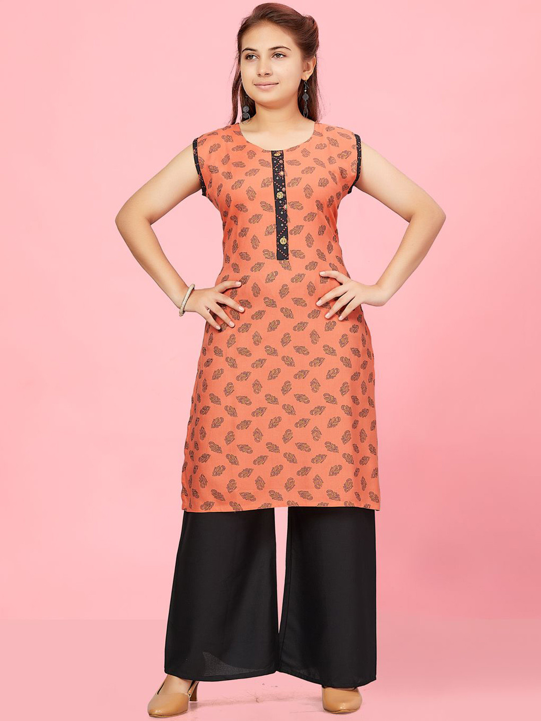 

BAESD Girls Floral Printed Cotton Straight Kurta, Peach