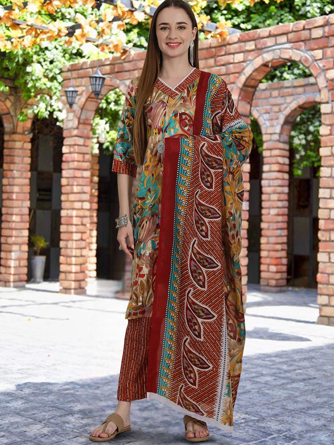 

7Threads Floral Printed Straight Pure Cotton Kurta with Trousers & Dupatta, Mustard