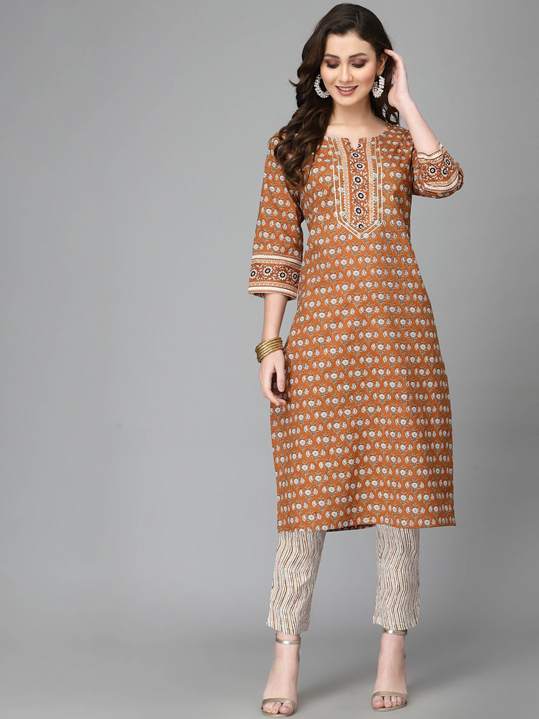 

P3D CREATION Floral Printed Regular Organic Cotton Kurta with Trousers & Dupatta, Brown