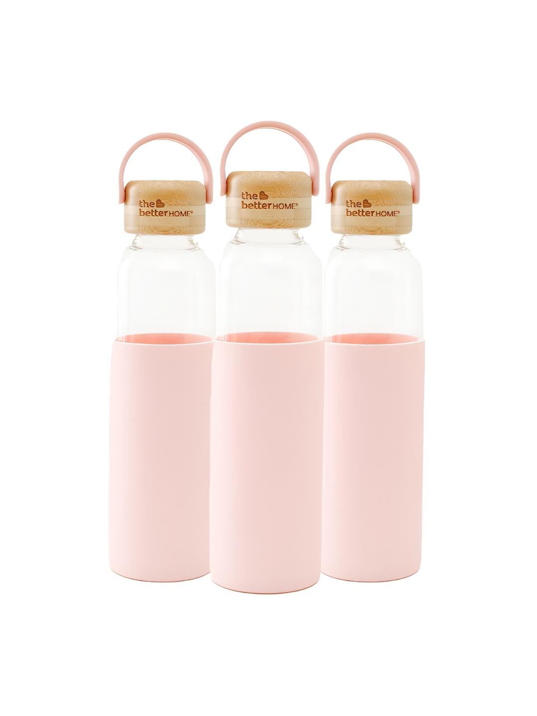 

The Better Home Pink 3 Pcs Borosilicate Glass Water Bottle With Sleeve & Bamboo Lid 500ml