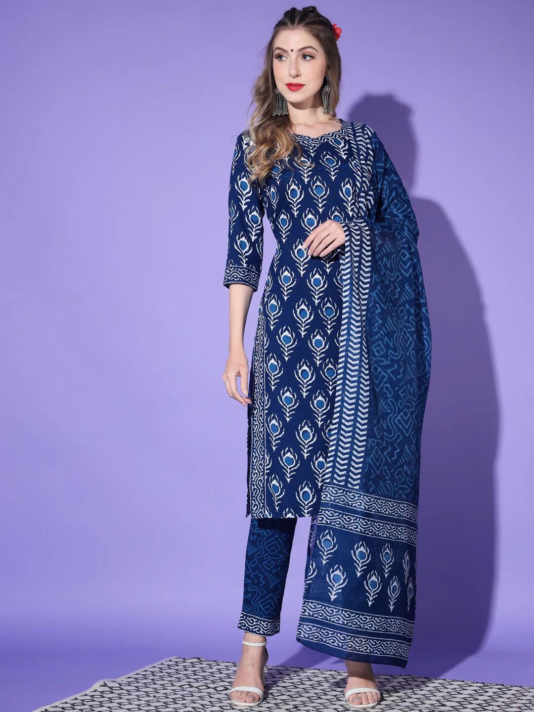 

7Threads Ethnic Motifs Printed Straight Kurta with Trousers & Dupatta, Blue