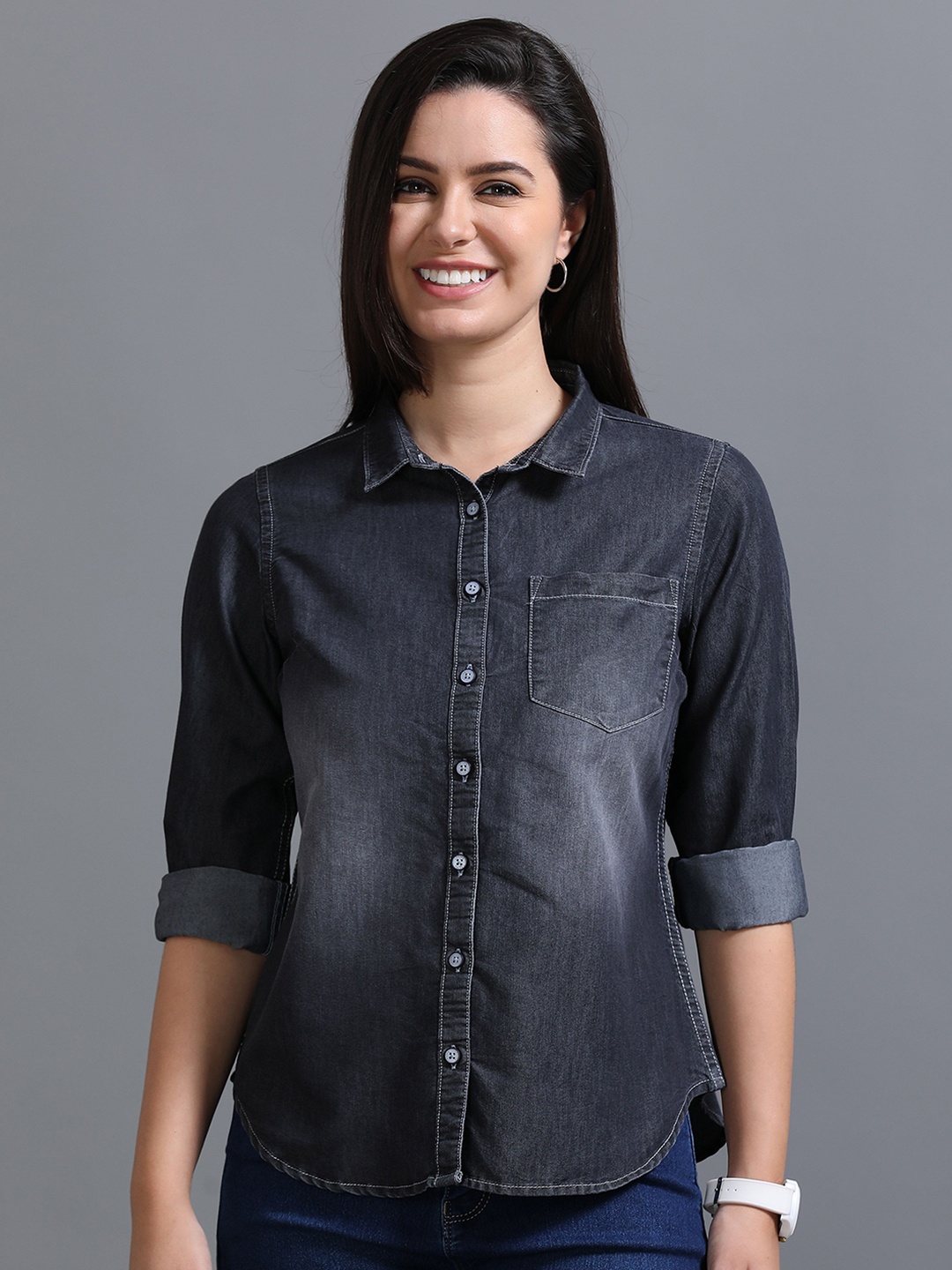 

CAZZBA Women Spread Collar Faded Denim Casual Shirt, Black