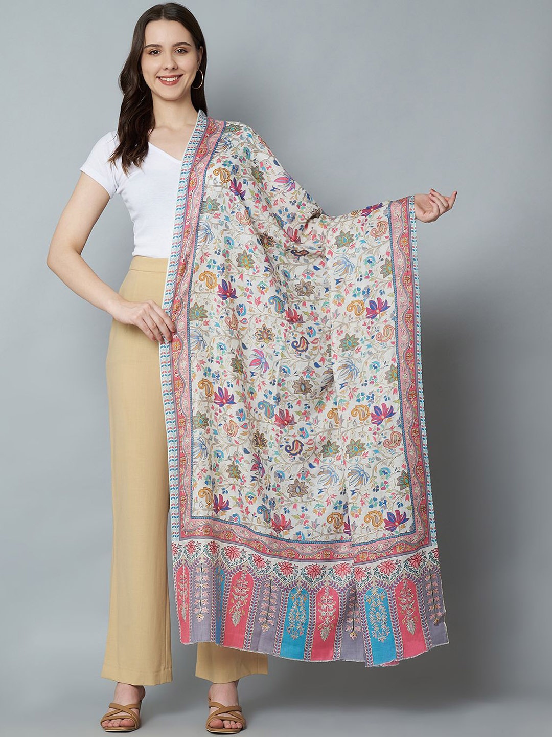 

MUFFLY Women Floral Embroidered Pure Woollen Shawl, White