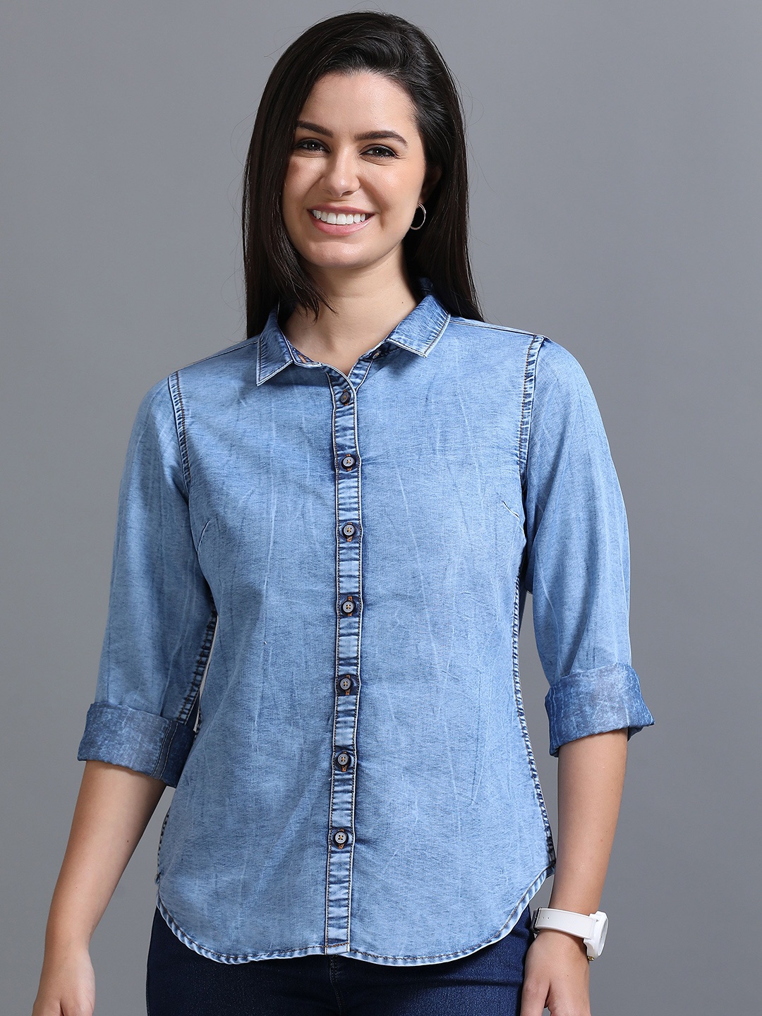 

CAZZBA Women Spread Collar Faded Denim Casual Shirt, Blue