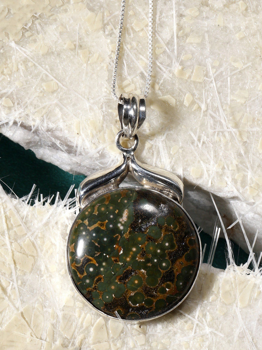 

Exotic India Ocean Jasper Stone Circular Shape Sterling Silver Pendant
