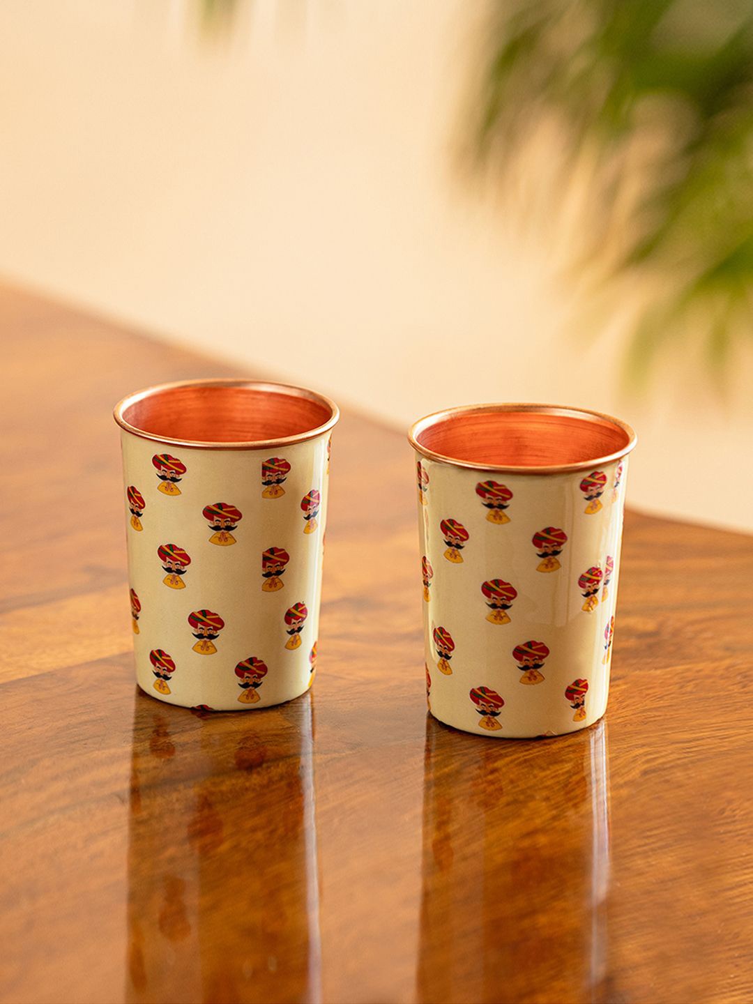 

ExclusiveLane Cream 2 Pieces Printed Copper Water Glasses 220 ml Each