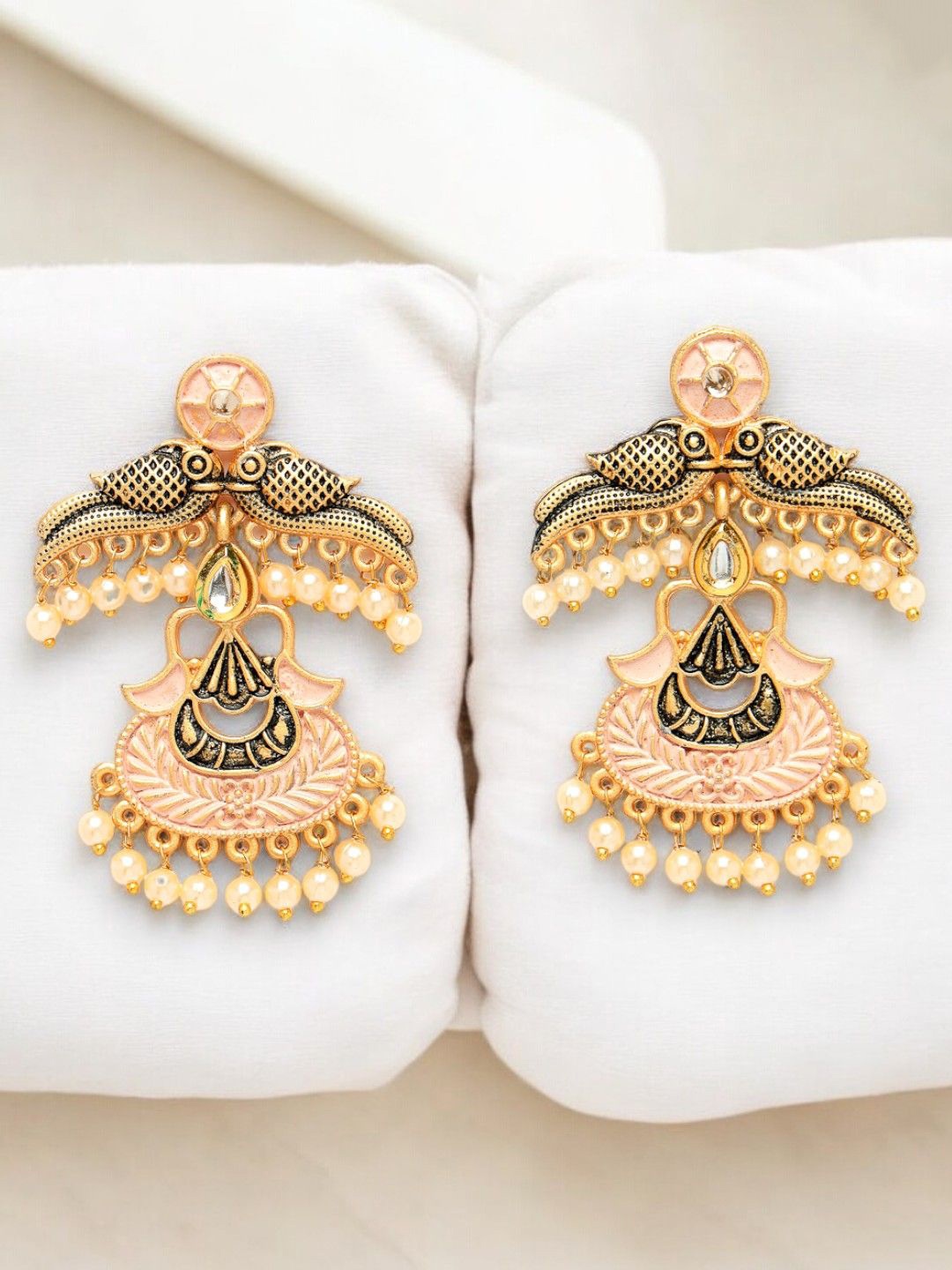 

ADIVA Gold-Plated Kundan Beaded Antique Peacock Shaped Drop Earrings