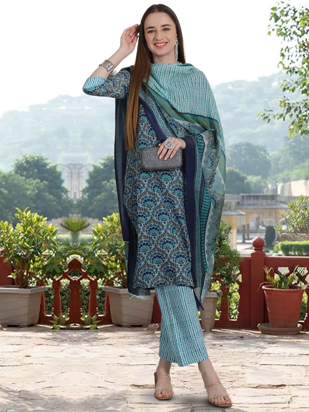 

1 Stop Fashion Ethnic Motifs Printed Pure Cotton Straight Kurta With Trousers & Dupatta, Teal