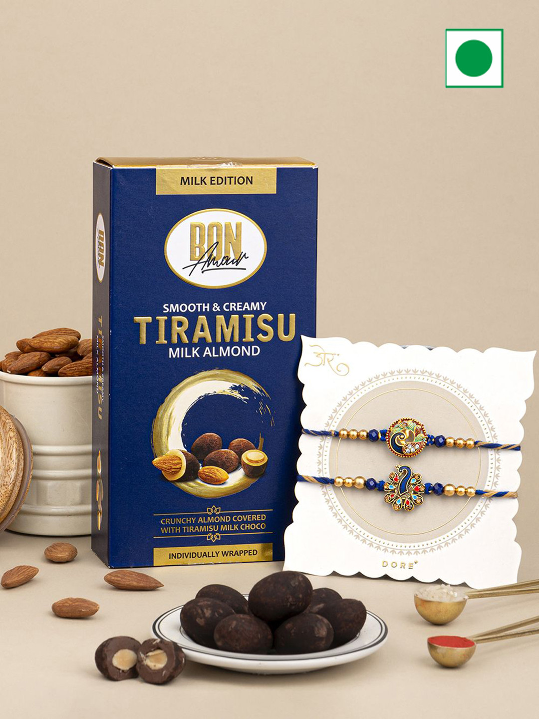 

Hyperfoods Set of 3 Beaded Thread Rakhis With Chocolate- 80gm, Blue