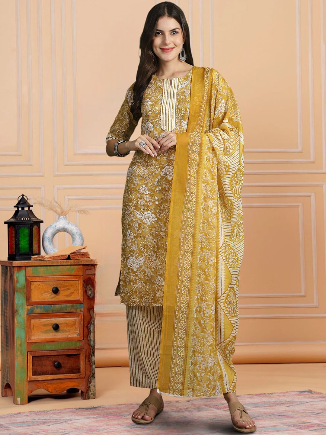 

7Threads Floral Printed Notched Round Neck Pure Cotton Kurta with Trousers & Dupatta, Mustard