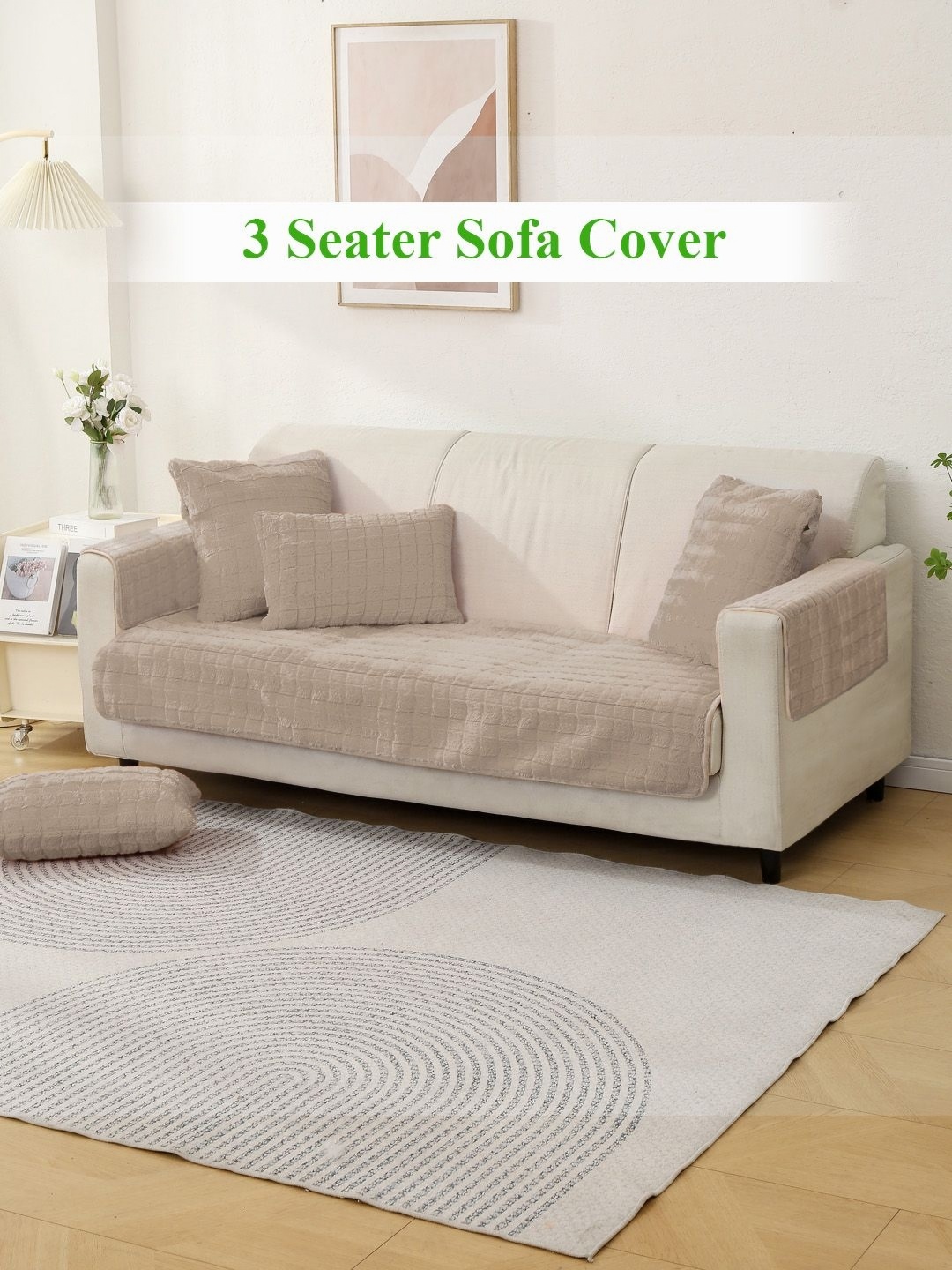 

HOKIPO Beige 3 Pieces Self Design 3 Seater Anti Slip Sofa Mat With 2 Armrest Cover