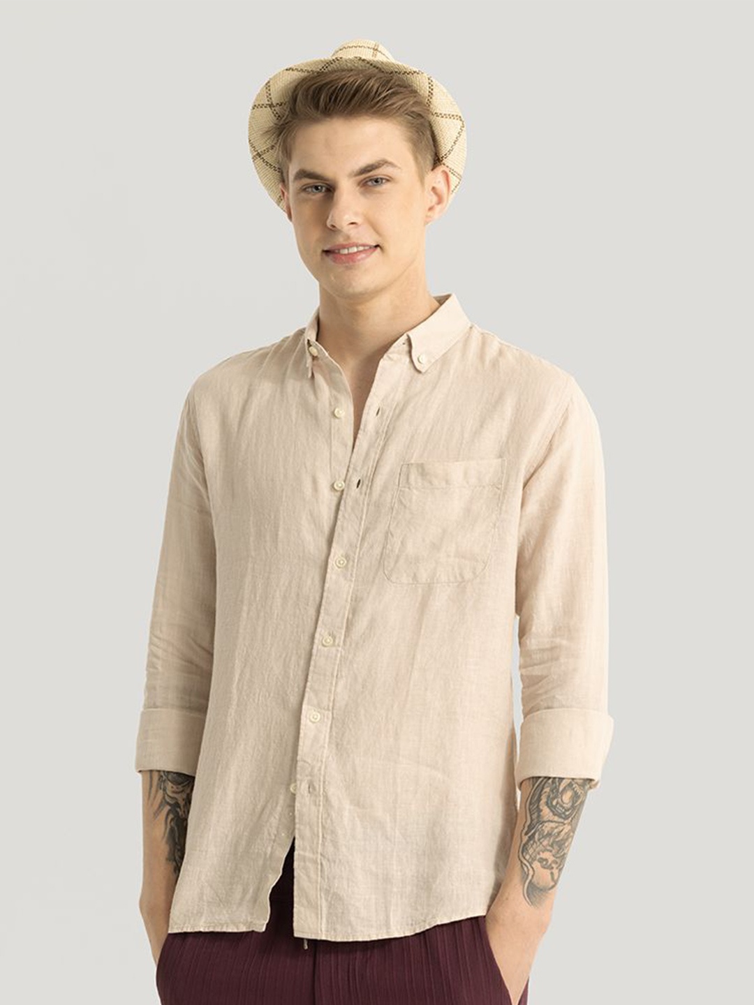 

Snitch Men Smart Button-Down Collar Solid Linen Slim Fit Casual Shirt, Beige