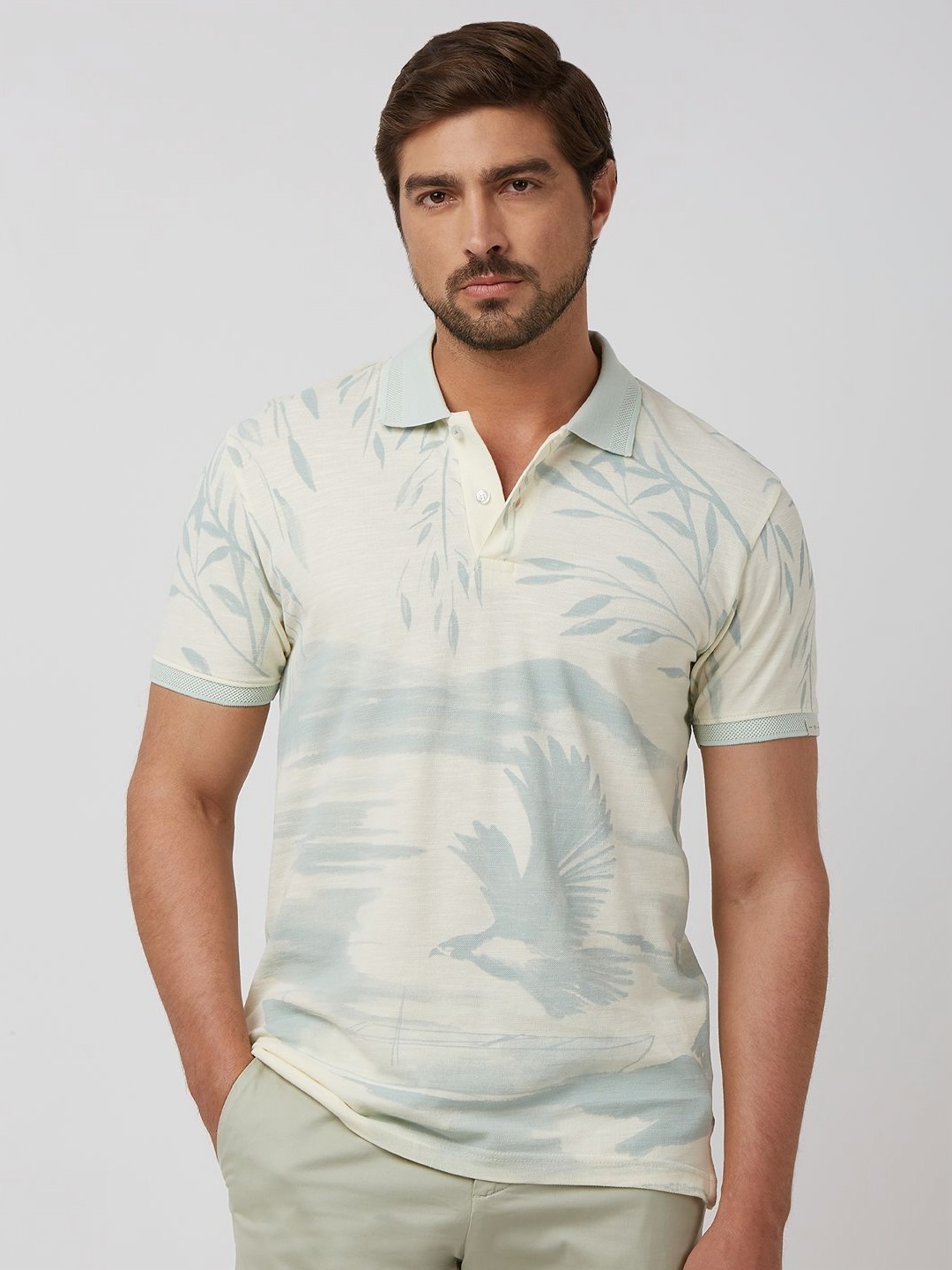 

Mufti Men Dyed Polo Collar Tropical Raw Edge Slim Fit T-shirt, Off white